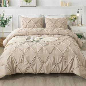 imageAndency White Queen Comforter Set90x90Inch 3 Pieces Cute Pinch Pleat Bedding Comforters ampamp Sets for Queen Bed Soft Lightweight Fluffy Down Alternative All Season Bed SetKhaki