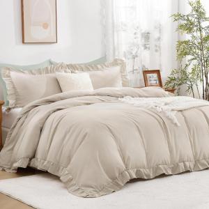 imageAndency White Ruffle Duvet Cover Queen90x90Inch 3 Pieces Soft Washed Microfiber Vintage Shabby Chic Farmhouse Ruffled Duvet Cover Set with Zipper Closure ampamp Corner TiesBeige