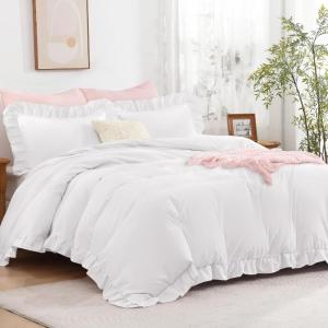 imageAndency White Ruffle Duvet Cover Queen90x90Inch 3 Pieces Soft Washed Microfiber Vintage Shabby Chic Farmhouse Ruffled Duvet Cover Set with Zipper Closure ampamp Corner TiesWhite