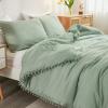 imageAndency Green Comforter Set Full Size 79x90 inch 3 Pieces 1 Pom Pom Fringe Comforter 2 Pillowcases All Season Comforter Washed Microfiber Bedding Set with Corner LoopsGreen
