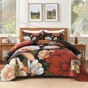 imageAndency Floral Boho Quilt King Size Bedding Set Black 3 Pieces Farmhouse Flower Botanical Summer Bedspreads with 2 Shams Soft Reversible Lightweight Microfiber Coverlet Set for All Season 106quotx96quotBrownblack Floral