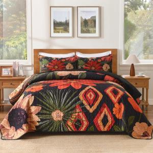 imageAndency Floral Boho Quilt King Size Bedding Set Black 3 Pieces Farmhouse Flower Botanical Summer Bedspreads with 2 Shams Soft Reversible Lightweight Microfiber Coverlet Set for All Season 106quotx96quotRedblack Floral