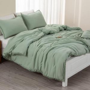 imageAndency Green Comforter Set Full Size 79x90 inch 3 Pieces 1 Pom Pom Fringe Comforter 2 Pillowcases All Season Comforter Washed Microfiber Bedding Set with Corner LoopsGreen