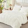 imageAndency Ruched Beige Queen Comforter Set Shabby Chic Pleated Bedding Sets 3 Pieces Lightweight Soft Boho Ruffle Bed Set for Girls Kids Women All SeasonIvory