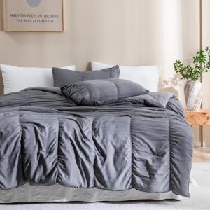imageAndency Dark Grey Comforter King 104x90 inches 3 Pieces Soft Microfiber Lightweight Gray Seersucker Comforter with 2 Pillowcases All Season Striped Textured Bedding Comforter SetDark Grey