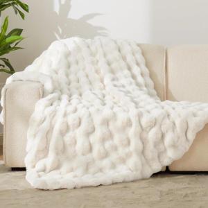 imageAndency Faux Fur Throw Blanket for Couch Soft Cozy Bubble Blankets for Women Girls White Fluffy Thick Blanket for Living Room Sofa Bed 50x60 Inches CreamCream White