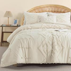 imageAndency King Size Comforter Set Beige Boho Cream Soft Warm Bedding Comforter Sets for King Size Bed 3 Pieces Microfiber Elegant Lightweight Bed SetBeige