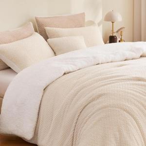 imageAndency Pink Comforter Set Queen 90x90 Soft Fluffy Thick Fleece Bedding Set Faux Fur Sherpa 3Piece Bed Comforter Sets with 2 Pillowcases for GirlsBeige