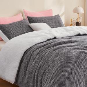 imageAndency Pink Comforter Set Queen 90x90 Soft Fluffy Thick Fleece Bedding Set Faux Fur Sherpa 3Piece Bed Comforter Sets with 2 Pillowcases for GirlsGrey