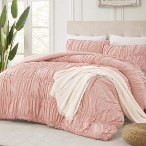 imageAndency Ruched Beige Queen Comforter Set Shabby Chic Pleated Bedding Sets 3 Pieces Lightweight Soft Boho Ruffle Bed Set for Girls Kids Women All SeasonBlush