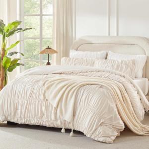 imageAndency Ruched Beige Queen Comforter Set Shabby Chic Pleated Bedding Sets 3 Pieces Lightweight Soft Boho Ruffle Bed Set for Girls Kids Women All SeasonBeige