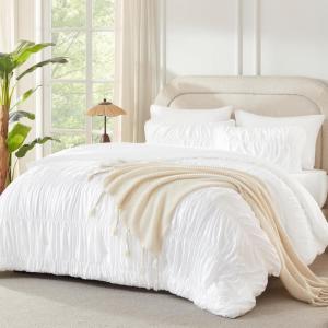 imageAndency Ruched Beige Queen Comforter Set Shabby Chic Pleated Bedding Sets 3 Pieces Lightweight Soft Boho Ruffle Bed Set for Girls Kids Women All SeasonWhite