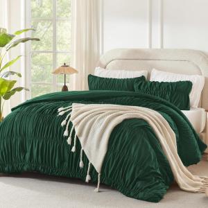 imageAndency Ruched Beige Queen Comforter Set Shabby Chic Pleated Bedding Sets 3 Pieces Lightweight Soft Boho Ruffle Bed Set for Girls Kids Women All SeasonDark Green