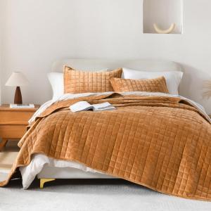 imageAndency Velvet Quilt Queen Soft Luxury Plaid Bedding Set Lightweight Bedspread Coverlet Quilted Comforter with 2 Matching Pillowcases for All Season Gold CaramelGold Caramel