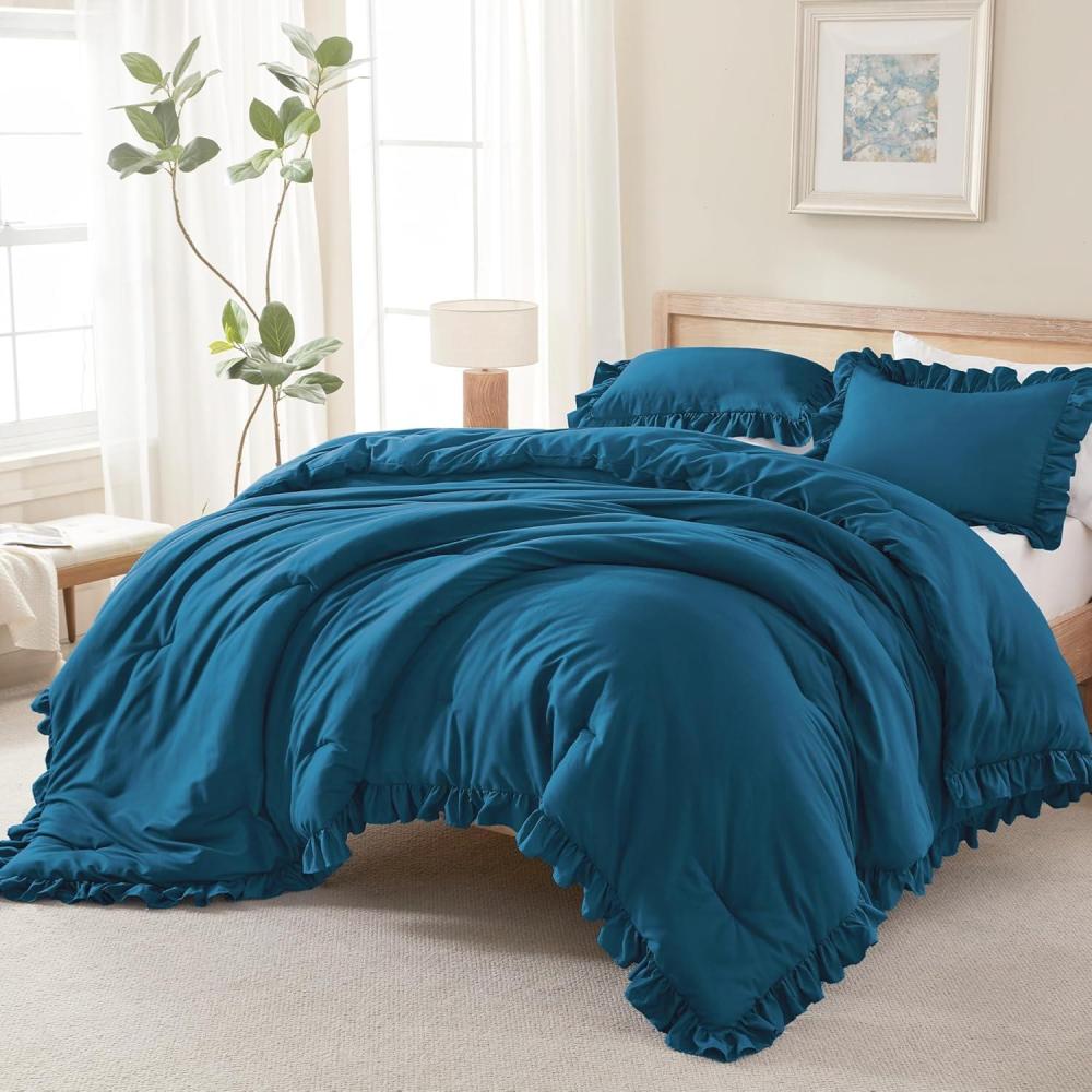 Andency Beige Comforter Set Full Size, 3 Pieces Solid Ruffle Vintage ...