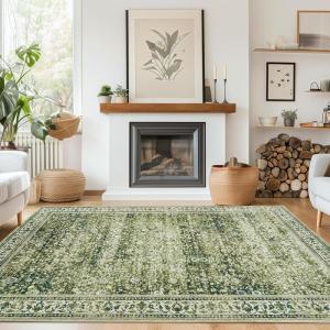 imageAndency 5x7 Area Rug for Living Room Blue Washable Vintage Boho Bedroom Rug NonSlip Stain Resistant Door Mat Retro Printed Indoor Home Decor Rug for Dining Room KitchenMoss Green