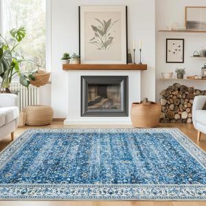 imageAndency 5x7 Area Rug for Living Room Blue Washable Vintage Boho Bedroom Rug NonSlip Stain Resistant Door Mat Retro Printed Indoor Home Decor Rug for Dining Room KitchenCeramic Blue