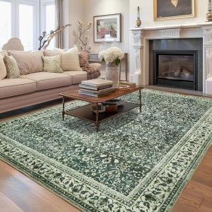 imageAndency 5x7 Area Rug for Living Room Blue Washable Vintage Boho Bedroom Rug NonSlip Stain Resistant Door Mat Retro Printed Indoor Home Decor Rug for Dining Room KitchenDark Green