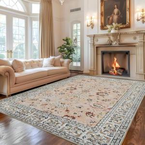 imageAndency 5x7 Area Rug for Living Room Blue Washable Vintage Boho Bedroom Rug NonSlip Stain Resistant Door Mat Retro Printed Indoor Home Decor Rug for Dining Room KitchenPink