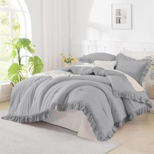 imageAndency Beige Comforter Set Full Size 3 Pieces Solid Ruffle Vintage Rustic Soft Bedding Comforter Sets All Season Lightweight Fluffy Soft Microfiber Bedding Set 79x90 Comforter amp 2 PillowcasesSilver Gray