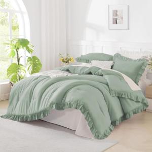 imageAndency Beige Comforter Set Full Size 3 Pieces Solid Ruffle Vintage Rustic Soft Bedding Comforter Sets All Season Lightweight Fluffy Soft Microfiber Bedding Set 79x90 Comforter amp 2 PillowcasesGreen