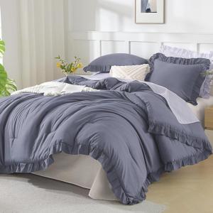 imageAndency Beige Comforter Set Full Size 3 Pieces Solid Ruffle Vintage Rustic Soft Bedding Comforter Sets All Season Lightweight Fluffy Soft Microfiber Bedding Set 79x90 Comforter amp 2 PillowcasesDark Blue Grey