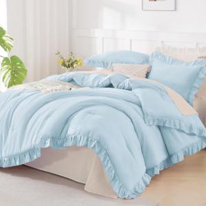 imageAndency Beige Comforter Set Full Size 3 Pieces Solid Ruffle Vintage Rustic Soft Bedding Comforter Sets All Season Lightweight Fluffy Soft Microfiber Bedding Set 79x90 Comforter amp 2 PillowcasesLight Blue
