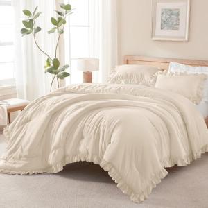 imageAndency Beige Comforter Set Full Size 3 Pieces Solid Ruffle Vintage Rustic Soft Bedding Comforter Sets All Season Lightweight Fluffy Soft Microfiber Bedding Set 79x90 Comforter amp 2 PillowcasesBeige