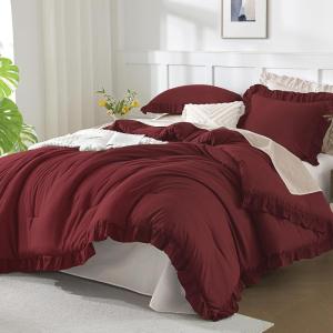 imageAndency Beige Comforter Set Full Size 3 Pieces Solid Ruffle Vintage Rustic Soft Bedding Comforter Sets All Season Lightweight Fluffy Soft Microfiber Bedding Set 79x90 Comforter amp 2 PillowcasesBurgundy