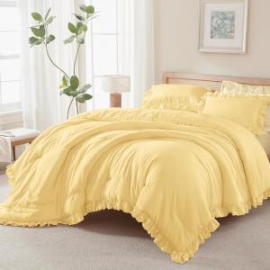 imageAndency Beige Comforter Set Full Size 3 Pieces Solid Ruffle Vintage Rustic Soft Bedding Comforter Sets All Season Lightweight Fluffy Soft Microfiber Bedding Set 79x90 Comforter amp 2 PillowcasesYellow