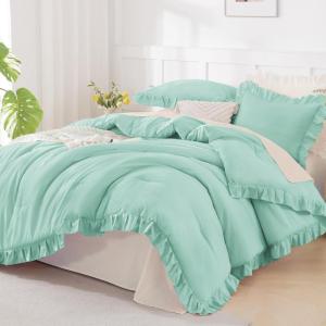 imageAndency Beige Comforter Set Full Size 3 Pieces Solid Ruffle Vintage Rustic Soft Bedding Comforter Sets All Season Lightweight Fluffy Soft Microfiber Bedding Set 79x90 Comforter amp 2 PillowcasesMint Green