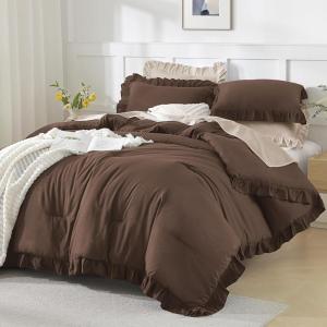 imageAndency Beige Comforter Set Full Size 3 Pieces Solid Ruffle Vintage Rustic Soft Bedding Comforter Sets All Season Lightweight Fluffy Soft Microfiber Bedding Set 79x90 Comforter amp 2 PillowcasesBrown