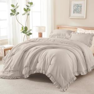 imageAndency Beige Comforter Set Full Size 3 Pieces Solid Ruffle Vintage Rustic Soft Bedding Comforter Sets All Season Lightweight Fluffy Soft Microfiber Bedding Set 79x90 Comforter amp 2 PillowcasesLinen