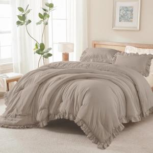 imageAndency Beige Comforter Set Full Size 3 Pieces Solid Ruffle Vintage Rustic Soft Bedding Comforter Sets All Season Lightweight Fluffy Soft Microfiber Bedding Set 79x90 Comforter amp 2 PillowcasesLight Brown
