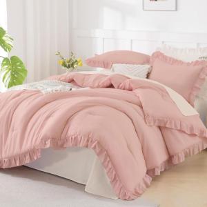 imageAndency Beige Comforter Set Full Size 3 Pieces Solid Ruffle Vintage Rustic Soft Bedding Comforter Sets All Season Lightweight Fluffy Soft Microfiber Bedding Set 79x90 Comforter amp 2 PillowcasesBlush