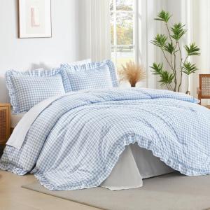 imageAndency Beige Comforter Set Full Size 3 Pieces Solid Ruffle Vintage Rustic Soft Bedding Comforter Sets All Season Lightweight Fluffy Soft Microfiber Bedding Set 79x90 Comforter amp 2 PillowcasesBlue Gingham