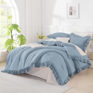 imageAndency Beige Comforter Set Full Size 3 Pieces Solid Ruffle Vintage Rustic Soft Bedding Comforter Sets All Season Lightweight Fluffy Soft Microfiber Bedding Set 79x90 Comforter amp 2 PillowcasesGrayish Blue