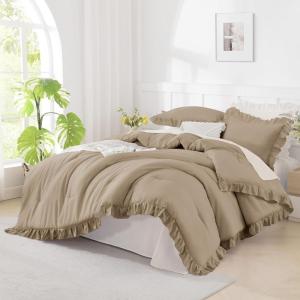 imageAndency Beige Comforter Set Full Size 3 Pieces Solid Ruffle Vintage Rustic Soft Bedding Comforter Sets All Season Lightweight Fluffy Soft Microfiber Bedding Set 79x90 Comforter amp 2 PillowcasesTaupe