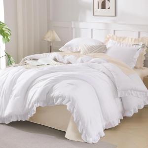 imageAndency Beige Comforter Set Full Size 3 Pieces Solid Ruffle Vintage Rustic Soft Bedding Comforter Sets All Season Lightweight Fluffy Soft Microfiber Bedding Set 79x90 Comforter amp 2 PillowcasesWhite