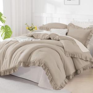 imageAndency Beige Comforter Set Full Size 3 Pieces Solid Ruffle Vintage Rustic Soft Bedding Comforter Sets All Season Lightweight Fluffy Soft Microfiber Bedding Set 79x90 Comforter amp 2 PillowcasesWheat