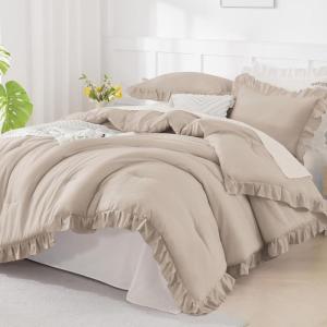 imageAndency Beige Comforter Set Full Size 3 Pieces Solid Ruffle Vintage Rustic Soft Bedding Comforter Sets All Season Lightweight Fluffy Soft Microfiber Bedding Set 79x90 Comforter amp 2 PillowcasesKhaki