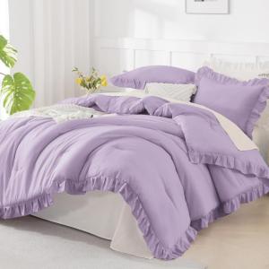 imageAndency Beige Comforter Set Full Size 3 Pieces Solid Ruffle Vintage Rustic Soft Bedding Comforter Sets All Season Lightweight Fluffy Soft Microfiber Bedding Set 79x90 Comforter amp 2 PillowcasesLavender