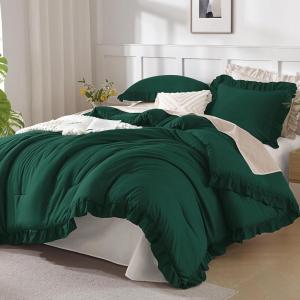 imageAndency Beige Comforter Set Full Size 3 Pieces Solid Ruffle Vintage Rustic Soft Bedding Comforter Sets All Season Lightweight Fluffy Soft Microfiber Bedding Set 79x90 Comforter amp 2 PillowcasesDark Green