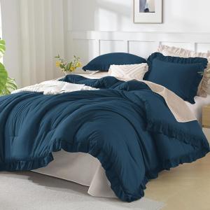 imageAndency Beige Comforter Set Full Size 3 Pieces Solid Ruffle Vintage Rustic Soft Bedding Comforter Sets All Season Lightweight Fluffy Soft Microfiber Bedding Set 79x90 Comforter amp 2 PillowcasesNavy Blue
