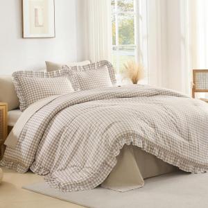 imageAndency Beige Comforter Set Full Size 3 Pieces Solid Ruffle Vintage Rustic Soft Bedding Comforter Sets All Season Lightweight Fluffy Soft Microfiber Bedding Set 79x90 Comforter amp 2 PillowcasesTan Gingham