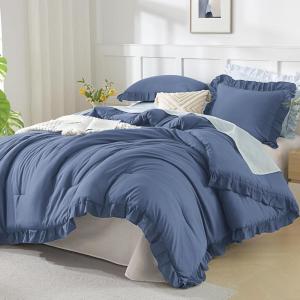 imageAndency Beige Comforter Set Full Size 3 Pieces Solid Ruffle Vintage Rustic Soft Bedding Comforter Sets All Season Lightweight Fluffy Soft Microfiber Bedding Set 79x90 Comforter amp 2 PillowcasesOcean Blue