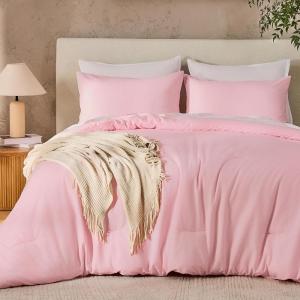 imageAndency Dark Emerald Green Oversized King Comforter Set 3 Pieces Lightweight Soft Solid Bed Comforter Oversized Fluffy Microfiber Bedding Set 120x98In 2 PillowcasesPink