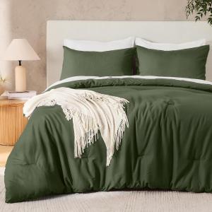 imageAndency Dark Emerald Green Oversized King Comforter Set 3 Pieces Lightweight Soft Solid Bed Comforter Oversized Fluffy Microfiber Bedding Set 120x98In 2 PillowcasesOlive