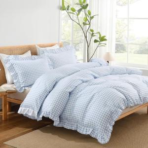imageAndency Gingham Duvet Cover Full Blue Ruffle Farmhouse Shabby Chic Duvet Cover 3 Pieces Soft PreWashed Microfiber Duvet Cover Set with Zipper Closure amp Corner Ties 79x90InchBlue Gingham