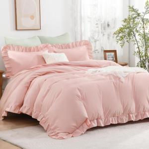 imageAndency Gingham Duvet Cover Full Blue Ruffle Farmhouse Shabby Chic Duvet Cover 3 Pieces Soft PreWashed Microfiber Duvet Cover Set with Zipper Closure amp Corner Ties 79x90InchBlush